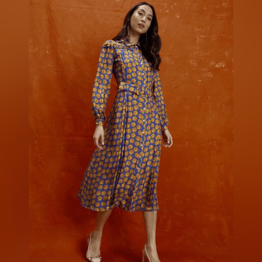 LISOU Alina Blue Daisy Print Midi Dress Size 12 Pin-tucked Silk Shirtdress
